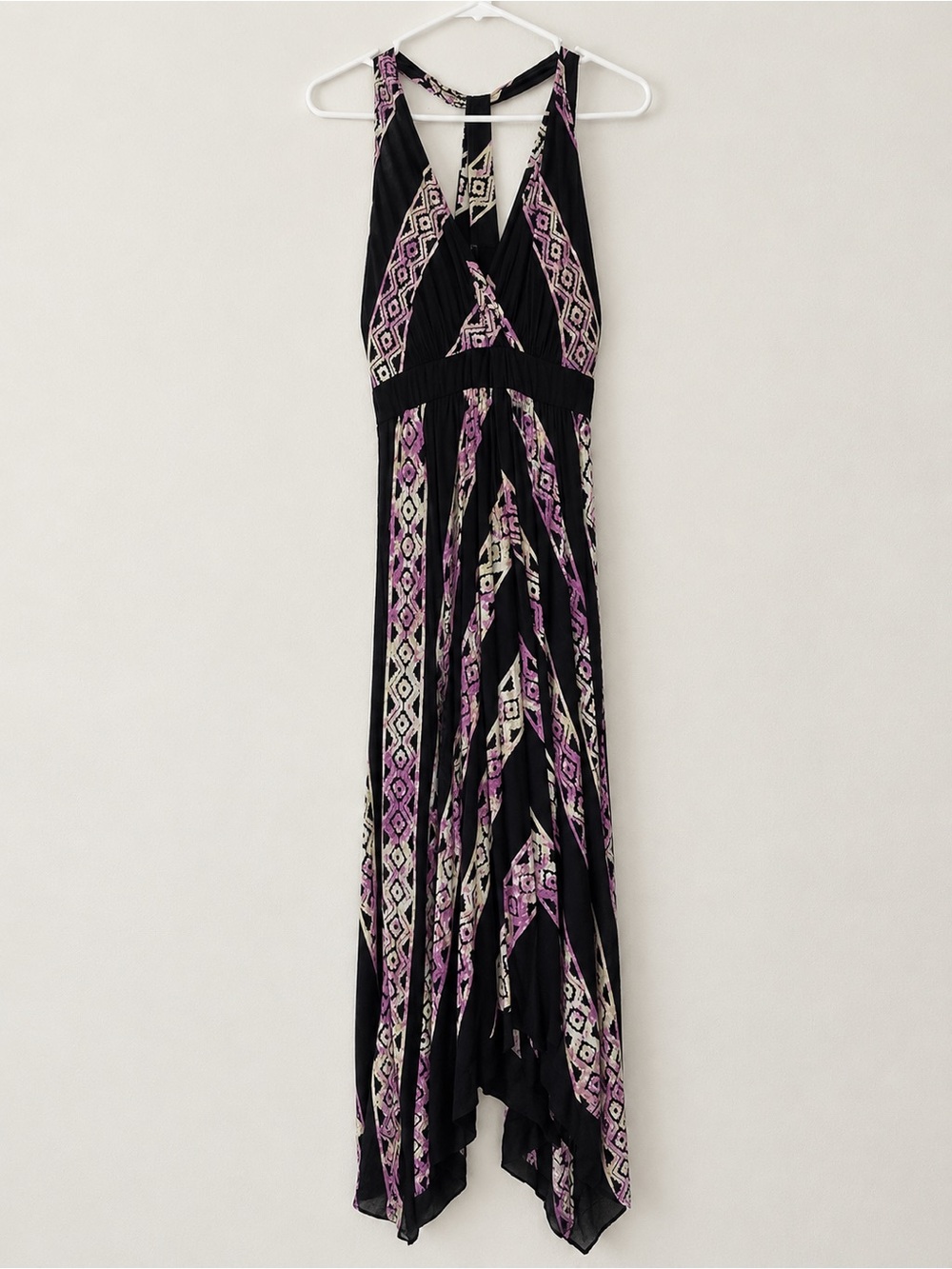 Black Halter Midi Dress with Purple Geometric Print